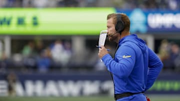 Nov 3, 2024; Seattle, Washington, USA; Los Angeles Rams head coach Sean McVay stands on the sideline during the third quarter against the Seattle Seahawks at Lumen Field. Mandatory Credit: Joe Nicholson-Imagn Images