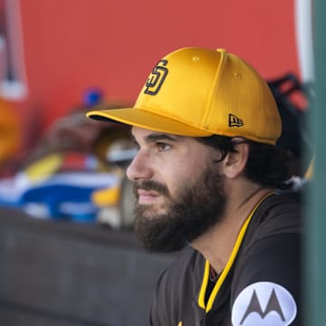 Mar 16, 2025; Tempe, Arizona, USA; San Diego Padres pitcher Dylan Cease against the Los Angeles Angels during a spring training game at Tempe Diablo Stadium. Mandatory Credit: Mark J. Rebilas-Imagn Images