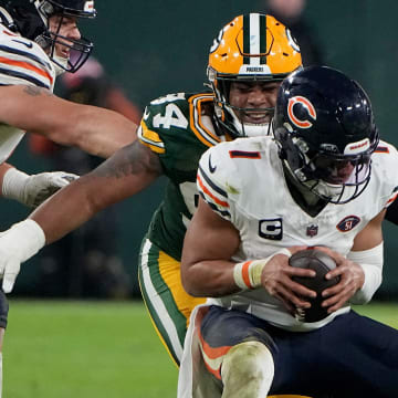 Green Bay Packers defensive lineman Karl Brooks sacks Justin Fields during last year's victory over the Bears.
