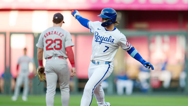 Kansas City Royals shortstop Bobby Witt Jr. (7) rounds the bases after hitting a home run during the first inning against the Boston Red Sox at Kauffman Stadium on Aug 7.