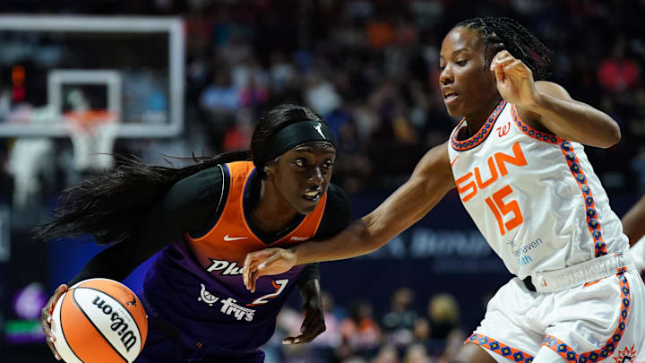 Sep 6, 2025; Uncasville, Connecticut, USA; Phoenix Mercury guard Kahleah Copper (2) drives the ball against Connecticut Sun guard Lindsay Allen (15) in the second half at Mohegan Sun Arena. Mandatory Credit: David Butler II-Imagn Images Sep 6, 2025; Uncasville, Connecticut, USA; Phoenix Mercury guard Kahleah Copper (2) drives the ball against Connecticut Sun guard Lindsay Allen (15) in the second half at Mohegan Sun Arena. Mandatory Credit: David Butler II-Imagn Images