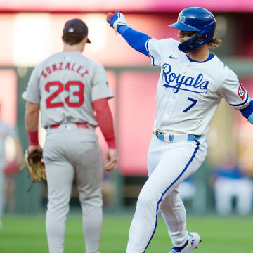 Aug 7, 2024; Kansas City, Missouri, USA; Kansas City Royals shortstop Bobby Witt Jr. (7) rounds the bases after hitting a home run during the first inning against the Boston Red Sox at Kauffman Stadium. Mandatory Credit: Jay Biggerstaff-USA TODAY Sports