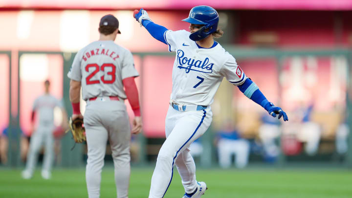 Aug 7, 2024; Kansas City, Missouri, USA; Kansas City Royals shortstop Bobby Witt Jr. (7) rounds the bases after hitting a home run during the first inning against the Boston Red Sox at Kauffman Stadium. Mandatory Credit: Jay Biggerstaff-USA TODAY Sports