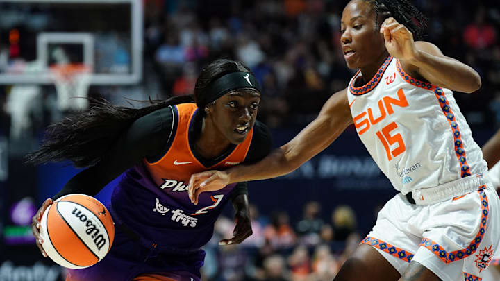 Sep 6, 2025; Uncasville, Connecticut, USA; Phoenix Mercury guard Kahleah Copper (2) drives the ball against Connecticut Sun guard Lindsay Allen (15) in the second half at Mohegan Sun Arena. Mandatory Credit: David Butler II-Imagn Images