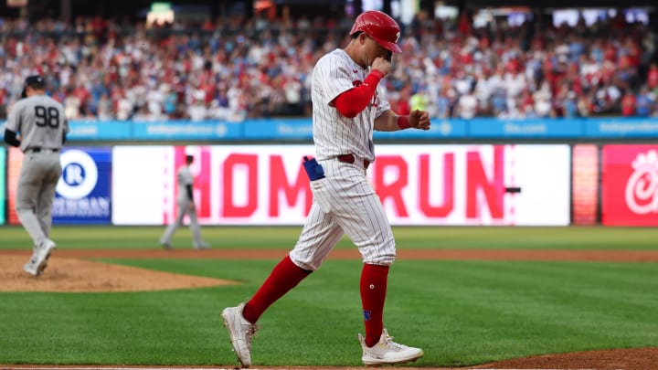 Jul 30, 2024; Philadelphia, Pennsylvania, USA; Philadelphia Phillies outfielder Austin Hays (9) runs the bases after hitting a three RBI home run during the second inning against the New York Yankees at Citizens Bank Park