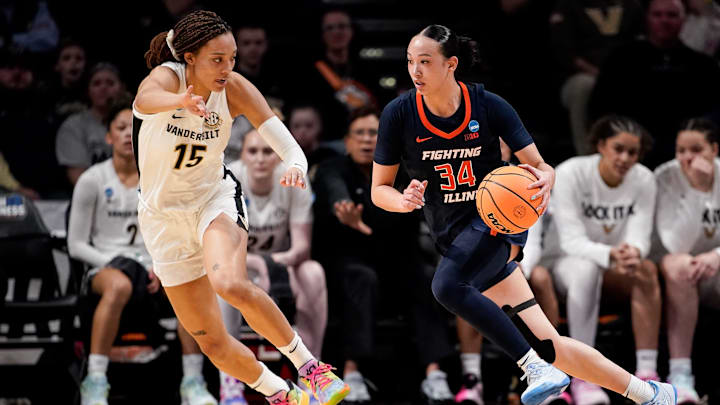 Illinois guard Maddie Webber (34) looks for a path past Vanderbilt guard Ndjakalenga Mwenentanda (15) during the first half of a second round NCAA college basketball tournament game at Memorial Gym in Nashville, Tenn., Monday, March 23, 2026.