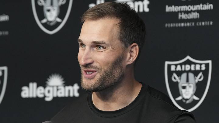 Las Vegas Raiders quarterback Kirk Cousins speaks at a press conference.