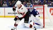 Oct 9, 2025; Tampa, Florida, USA; Ottawa Senators left wing Brady Tkachuk (7) skates with the puck in front of Tampa Bay Lightning goaltender Andrei Vasilevskiy (88) during the second period at Benchmark International Arena. Mandatory Credit: Kim Klement Neitzel-Imagn Images