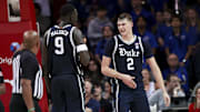 Jan 4, 2025; Dallas, Texas, USA;  Duke Blue Devils guard Cooper Flagg (2) celebrates with Duke Blue Devils center Khaman Maluach (9) during the second half against the Southern Methodist Mustangs at Moody Coliseum. Mandatory Credit: Kevin Jairaj-Imagn Images