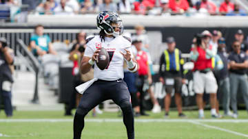 Sep 21, 2025; Jacksonville, Florida, USA; Houston Texans quarterback C.J. Stroud (7) prepares to throw the ball during the second quarter against the Jacksonville Jaguars at EverBank Stadium. Mandatory Credit: Travis Register-Imagn Images