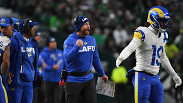 Jan 19, 2025; Philadelphia, Pennsylvania, USA; Los Angeles Rams head coach Sean McVay (center) reacts on the sidelines in the first half against the Philadelphia Eagles in a 2025 NFC divisional round game at Lincoln Financial Field. Mandatory Credit: Eric Hartline-Imagn Images