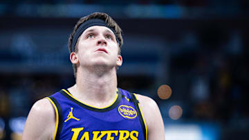 Mar 26, 2025; Indianapolis, Indiana, USA; Los Angeles Lakers guard Austin Reaves (15) in the second half against the Indiana Pacers at Gainbridge Fieldhouse. Mandatory Credit: Trevor Ruszkowski-Imagn Images