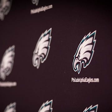 May 24, 2016; Philadelphia, PA, USA; Philadelphia Eagles graphics and logos on the interview background at OTS's at the NovaCare Complex. Mandatory Credit: Bill Streicher-Imagn Images