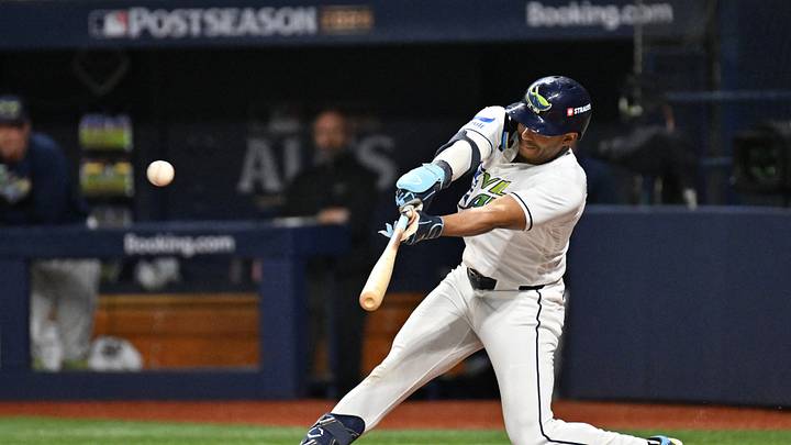 Oct 19, 2026; St. Petersburg, Florida, USA;  Tampa Bay Rays second baseman Richie Palacios (1) hits a two RBI double against the Cleveland Guardians during the second inning in game six of the ALCS for the 2026 MLB Playoffs at Tropicana Field.  Mandatory Credit: Jonathan Dyer-Imagn Images