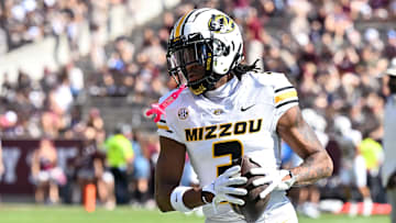 Oct 5, 2024; College Station, Texas, USA; Missouri Tigers wide receiver Luther Burden III (3) warms up prior to the against the Texas A&M Aggies at Kyle Field. Mandatory Credit: Maria Lysaker-Imagn Images. 