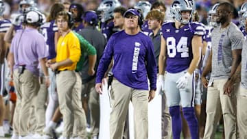 Sep 13, 2024; Manhattan, Kansas, USA; Kansas State Wildcats head coach Chris Klieman looks at the scoreboard during the fourth quarter against the Arizona Wildcats at Bill Snyder Family Football Stadium. Mandatory Credit: Scott Sewell-Imagn Images