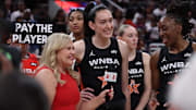 Team Collier forward Breanna Stewart celebrates after the 2025 WNBA All Star Game at Gainbridge Fieldhouse. 