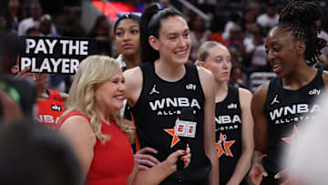 Team Collier forward Breanna Stewart celebrates after the 2025 WNBA All Star Game at Gainbridge Fieldhouse. 