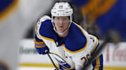 Oct 11, 2025; Boston, Massachusetts, USA; Buffalo Sabres defenseman Rasmus Dahlin (26) after a face off against the Boston Bruins during the second period at TD Garden. Mandatory Credit: Winslow Townson-Imagn Images