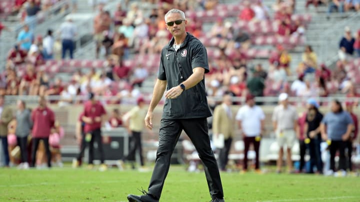 Oct 14, 2023; Tallahassee, Florida, USA; Florida State Seminoles head coach Mike Norvell before the game versus the Syracuse Orange at Doak S. Campbell Stadium. Mandatory Credit: Melina Myers-USA TODAY Sports