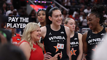 Jul 19, 2025; Indianapolis, IN, USA; Team Collier forward Breanna Stewart (30) celebrates after the 2025 WNBA All Star Game at Gainbridge Fieldhouse. Mandatory Credit: Trevor Ruszkowski-Imagn Images