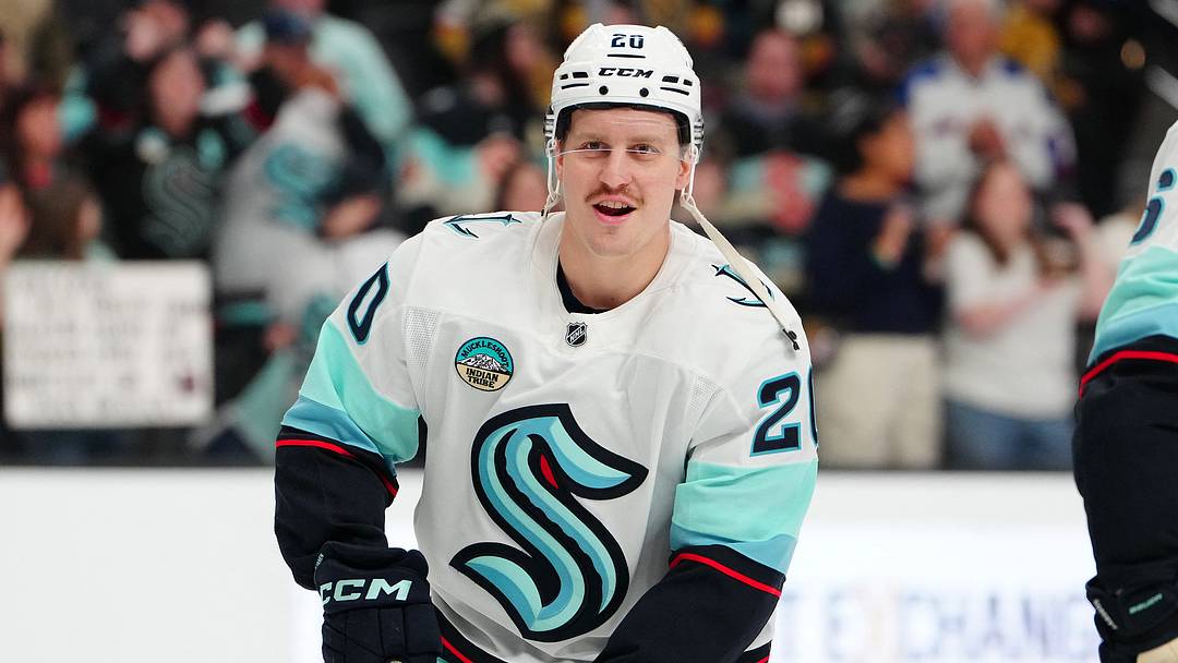 Jan 31, 2026; Las Vegas, Nevada, USA; Seattle Kraken right wing Eeli Tolvanen (20) warms up before a game against the Vegas Golden Knights at T-Mobile Arena. Mandatory Credit: Stephen R. Sylvanie-Imagn Images