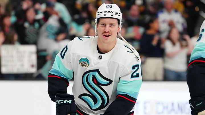 Jan 31, 2026; Las Vegas, Nevada, USA; Seattle Kraken right wing Eeli Tolvanen (20) warms up before a game against the Vegas Golden Knights at T-Mobile Arena. Mandatory Credit: Stephen R. Sylvanie-Imagn Images