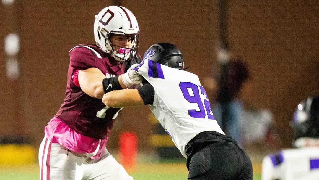 Dowling Catholic’s Carter Barrett (77) blocks during a game against Waukee on Oct. 10, 2025, at Valley Stadium in West Des Moines. Dowling Catholic’s Carter Barrett (77) blocks during a game against Waukee on Oct. 10, 2025, at Valley Stadium in West Des Moines.
