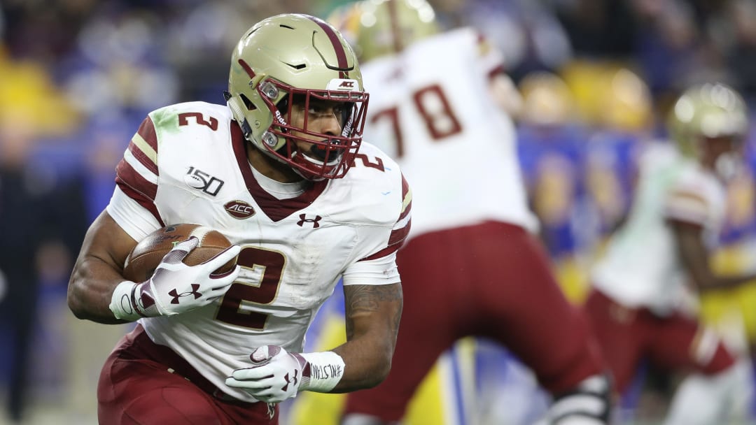 Nov 30, 2019; Pittsburgh, PA, USA;   Boston College Eagles running back AJ Dillon (2) rushes the ball against the Pittsburgh Panthers during the second quarter at Heinz Field. Mandatory Credit: Charles LeClaire-USA TODAY Sports
