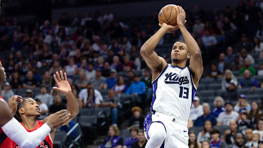 Oct 8, 2025; Sacramento, California, USA; Sacramento Kings forward Keegan Murray (13) shoots the ball during the first quarter against the Toronto Raptors at Golden 1 Center. Mandatory Credit: Sergio Estrada-Imagn Images