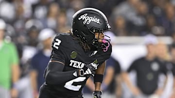 Oct 26, 2024; College Station, Texas, USA; Texas A&M Aggies running back Rueben Owens (2) in motion against the LSU Tigers during the first quarter. The Aggies defeated the Tigers 38-23; at Kyle Field. Mandatory Credit: Maria Lysaker-Imagn Images.  