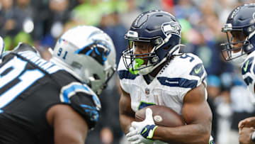 Sep 24, 2023; Seattle, Washington, USA; Seattle Seahawks running back Kenneth Walker III (9) rushes for a touchdown against the Carolina Panthers during the third quarter at Lumen Field. Mandatory Credit: Joe Nicholson-Imagn Images