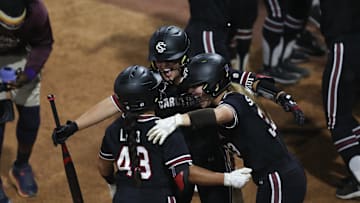 May 8, 2025; Athens, GA, USA; South Carolina utility Quincee Lilio (43) reacts to her home run with teammates during a game against Texas A&M at Jack Turner Stadium. Mandatory Credit: Mady Mertens-Imagn Images