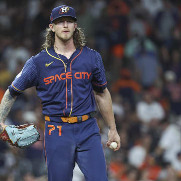 Jul 29, 2024; Houston, Texas, USA; Houston Astros relief pitcher Josh Hader (71) reacts after giving up a home run during the ninth inning against the Pittsburgh Pirates at Minute Maid Park