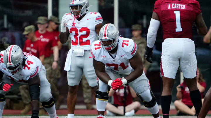 Sep 2, 2023; Bloomington, Indiana, USA; Ohio State Buckeyes offensive lineman Josh Simmons (71) lines up during the NCAA football game at Indiana University Memorial Stadium. Ohio State won 23-3.