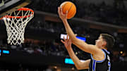 Mar 27, 2025; Newark, NJ, USA; Brigham Young Cougars guard Egor Demin (3) shoots the ball during the second half against the Alabama Crimson Tide during an East Regional semifinal of the 2025 NCAA tournament at Prudential Center.