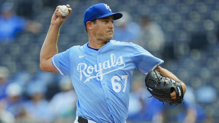 Aug 13, 2025; Kansas City, Missouri, USA; Kansas City Royals starting pitcher Seth Lugo (67) pitches during the first inning against the Washington Nationals at Kauffman Stadium. Mandatory Credit: Jay Biggerstaff-Imagn Images