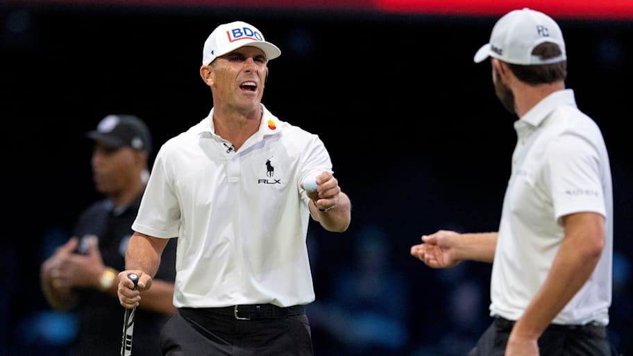 Billy Horschel, left, and Patrick Cantlay of Atlanta Drive celebrate during a TGL match on March 17, 2026.