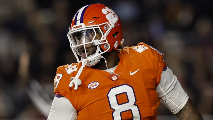 Oct 8, 2022; Chestnut Hill, Massachusetts, USA; Clemson Tigers defensive tackle Tre Williams (8) after a sack against the Boston College Eagles during the second half at Alumni Stadium.