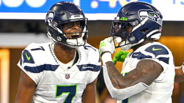 Dec 4, 2022; Inglewood, California, USA;  Seattle Seahawks quarterback Geno Smith (7) celebrates with wide receiver DK Metcalf (14) after a touchdown in the fourth quarter against the Los Angeles Rams at SoFi Stadium. Mandatory Credit: Jayne Kamin-Oncea-USA TODAY Sports