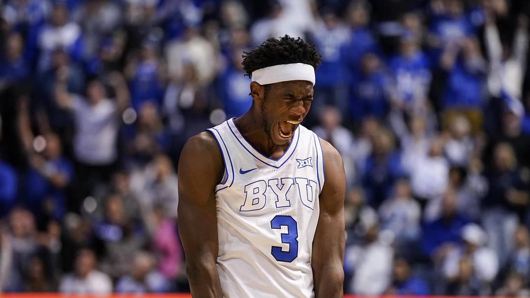 Feb 21, 2026; Provo, Utah, USA; BYU Cougars forward AJ Dybantsa (3) reacts during the second half against the Iowa State Cyclones at Marriott Center. Mandatory Credit: Aaron Baker-Imagn Images Feb 21, 2026; Provo, Utah, USA; BYU Cougars forward AJ Dybantsa (3) reacts during the second half against the Iowa State Cyclones at Marriott Center. Mandatory Credit: Aaron Baker-Imagn Images