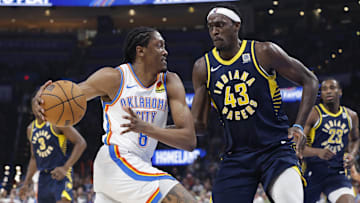 Mar 29, 2025; Oklahoma City, Oklahoma, USA; Oklahoma City Thunder forward Jalen Williams (8) drives to the basket against Indiana Pacers forward Pascal Siakam (43) during the second quarter at Paycom Center. Mandatory Credit: Alonzo Adams-Imagn Images