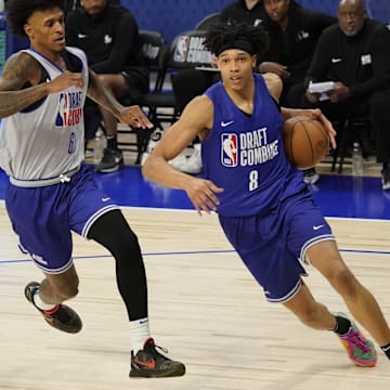 May 14, 2024; Chicago, IL, USA; Enrique Freeman (8) participates during the 2024 NBA Draft Combine  at Wintrust Arena. Mandatory Credit: David Banks-USA TODAY Sports