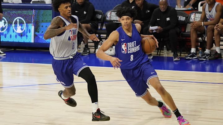 May 14, 2024; Chicago, IL, USA; Enrique Freeman (8) participates during the 2024 NBA Draft Combine  at Wintrust Arena. Mandatory Credit: David Banks-USA TODAY Sports