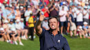 Bryson DeChambeau reacts after putting on the 18th green during the final round of the PGA Championship golf tournament at Valhalla Golf Club on Sunday, May 19, 2024.