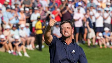 Bryson DeChambeau reacts after putting on the 18th green during the final round of the PGA Championship golf tournament at Valhalla Golf Club on Sunday, May 19, 2024.