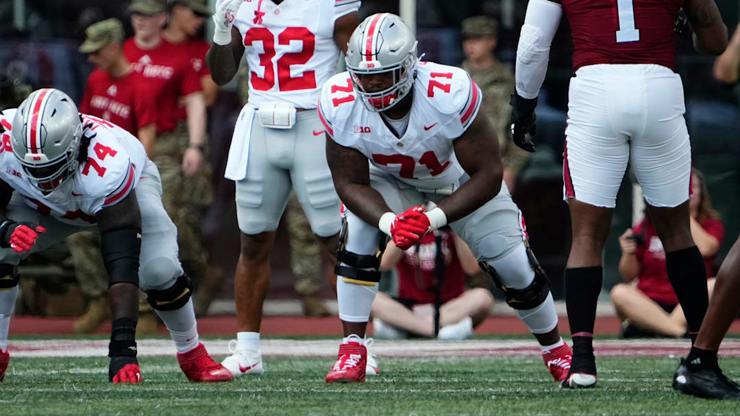 Sep 2, 2023; Bloomington, Indiana, USA; Ohio State Buckeyes offensive lineman Josh Simmons (71) lines up during the NCAA football game at Indiana University Memorial Stadium. Ohio State won 23-3.