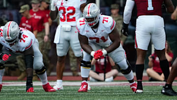 Sep 2, 2023; Bloomington, Indiana, USA; Ohio State Buckeyes offensive lineman Josh Simmons (71) lines up during the NCAA football game at Indiana University Memorial Stadium. Ohio State won 23-3.