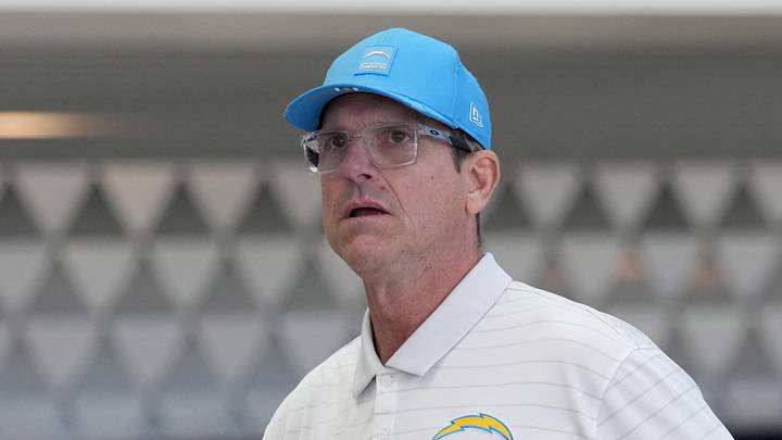 Jan 15, 2026; El Segundo, CA, USA; Los Angeles Chargers coach Jim Harbaugh at press conference at The Bolt. Mandatory Credit: Kirby Lee-Imagn Images
