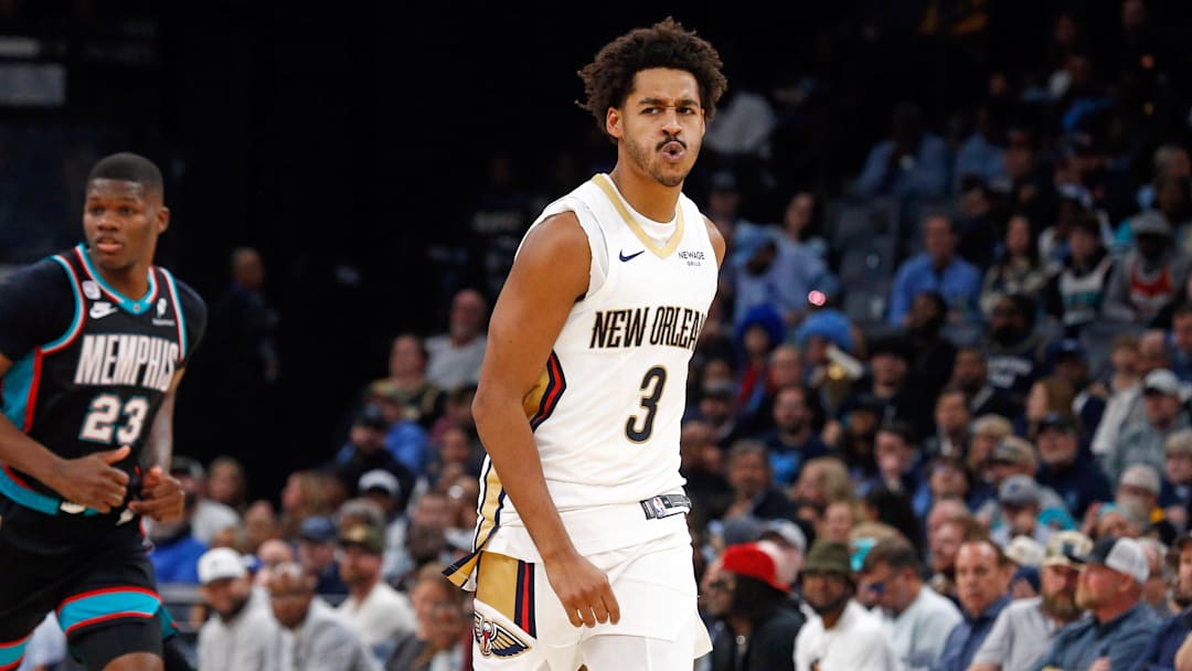 New Orleans Pelicans guard Jordan Poole (3) reacts during the second quarter against the Memphis Grizzlies at FedExForum. New Orleans Pelicans guard Jordan Poole (3) reacts during the second quarter against the Memphis Grizzlies at FedExForum.